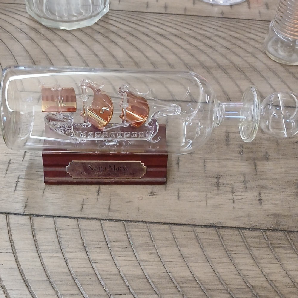 Glass Ship in a Bottle with Wooden Base